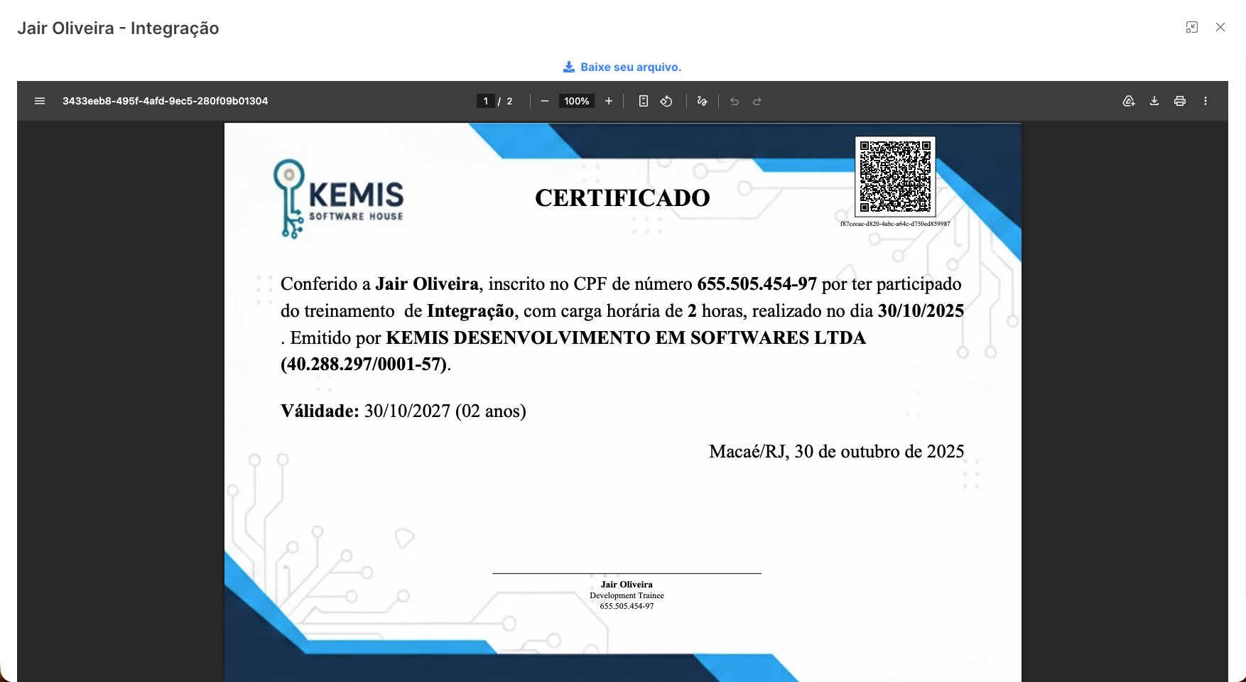 Emissão de certificado de treinamento
